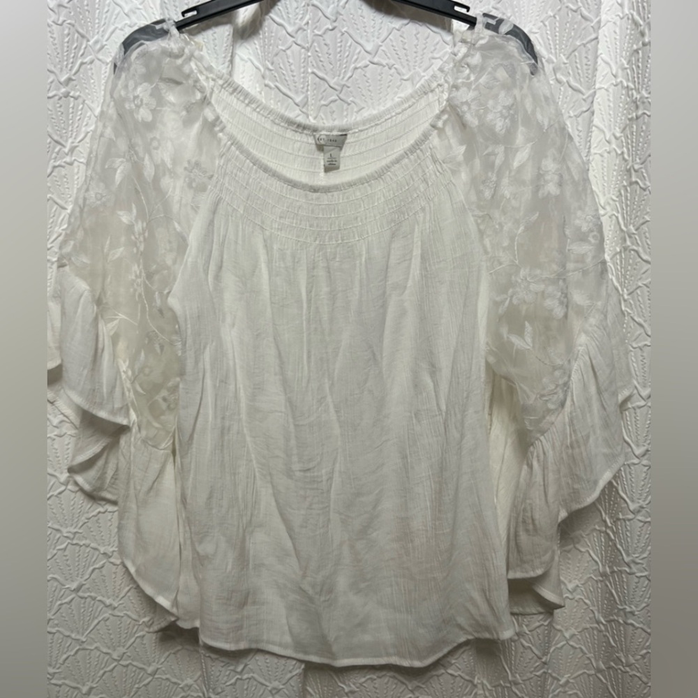 “EST. 1948” SZ: (L) Elegant 3/4 Sleeves Lace White, Sheer Lite-Weight, White Top